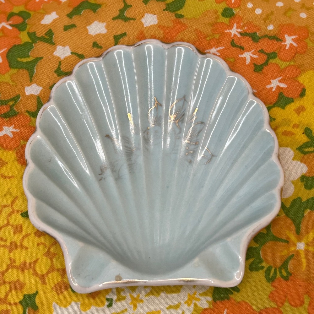 Vintage Shell Ashtray Blue Trinket Ceramic Dish Kaolena